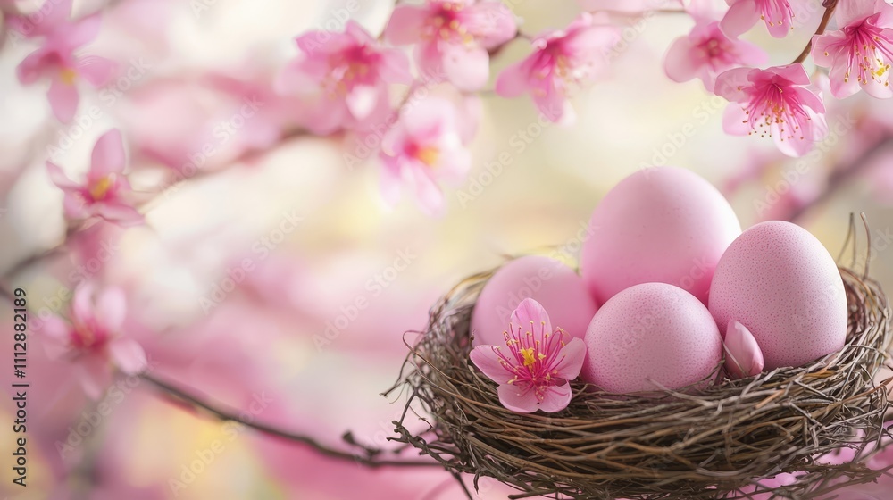 A nest filled with pink eggs sitting on top of a tree branch A nest filled with pink eggs sitting on top of a tree branch