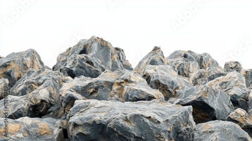 A large pile of rocks with a white sky in the background