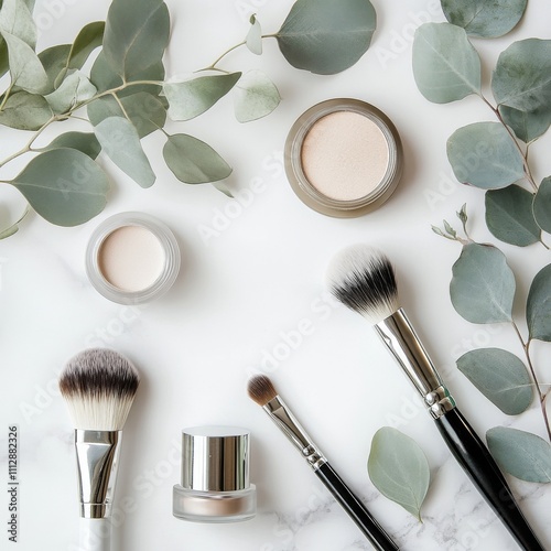 Beautiful arrangement of makeup products with brushes and eucalyptus leaves o...