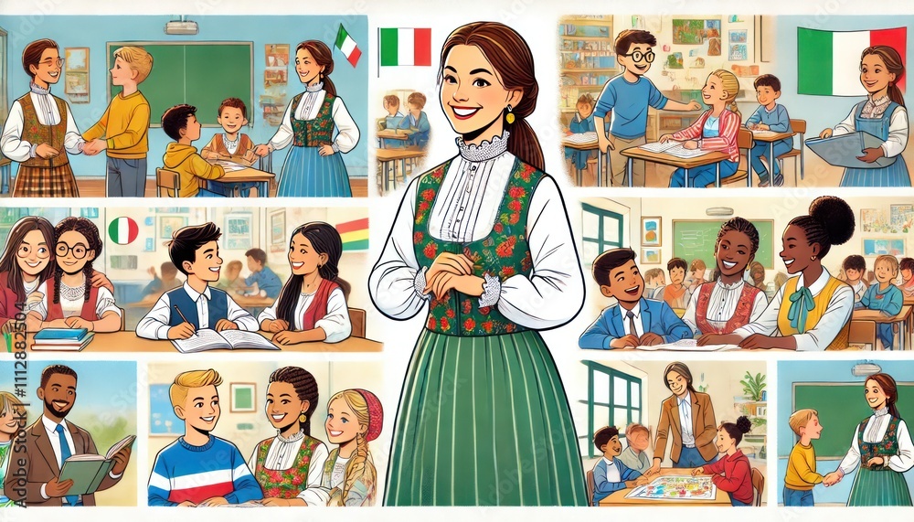 Obraz premium Engaging Italian Teacher with Students in a Multicultural Classroom Setting