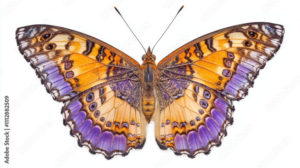 Obraz premium A butterfly with purple and orange wings on a white background