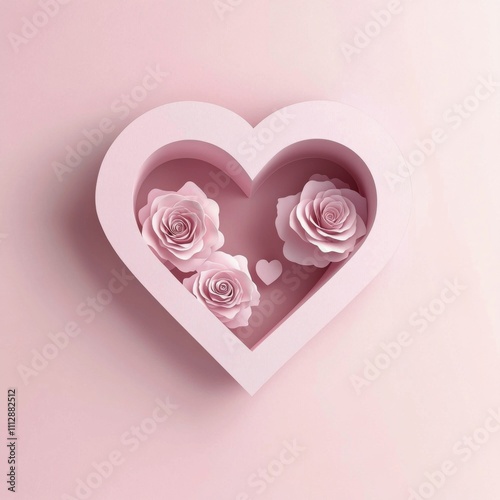 Heart shaped display with pink roses against a soft pink background for decor...