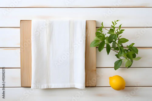 White Towel Mockup on Chalkboard with Lemon.White kitchen waffle towel on wooden cutting White Towel Mockup on Chalkboard with Lemon.White kitchen waffle towel on wooden cutting board with fresh lemon