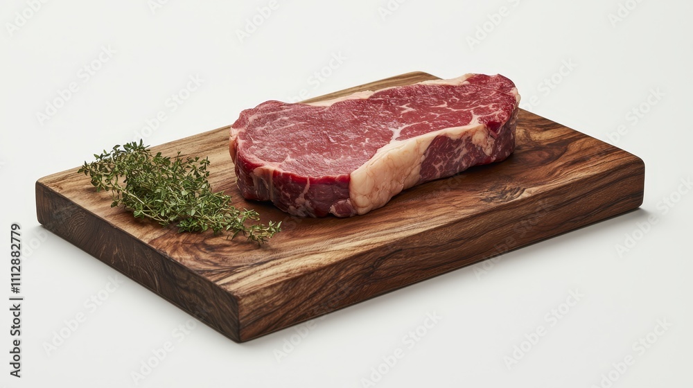 A piece of meat on a wooden cutting board with a sprig of thyme A piece of meat on a wooden cutting board with a sprig of thyme