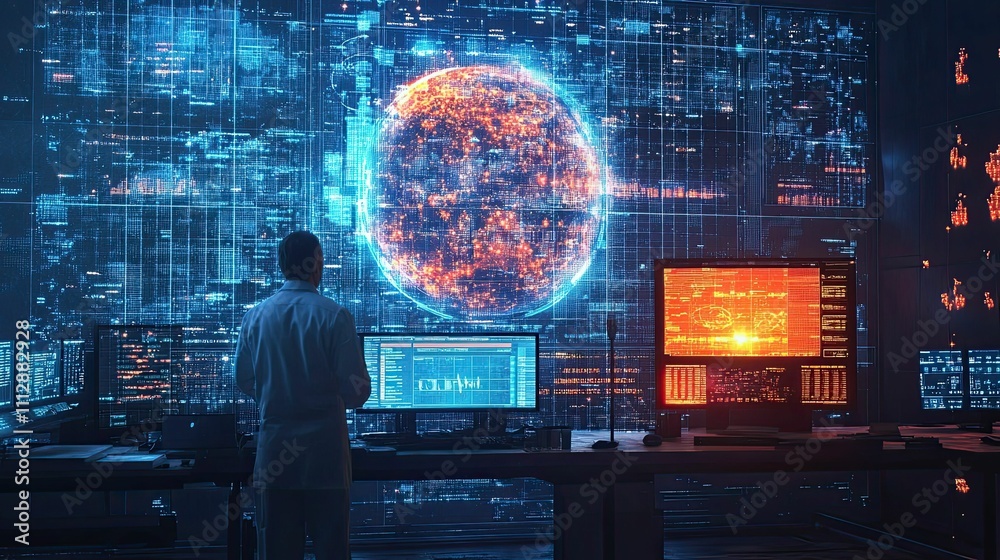 Fototapeta premium Person observing global data streams on monitors.