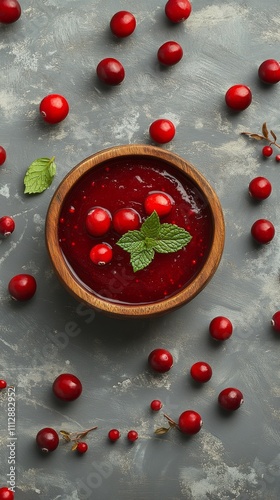 Fresh cranberries in a wooden bowl with mint leaves on a gray background