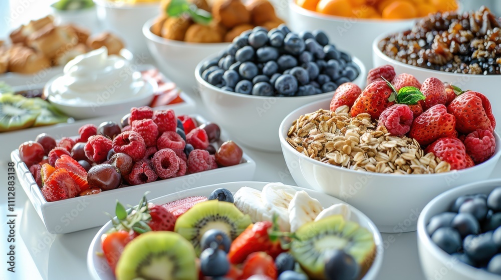 A spread of healthy breakfast options, including oatmeal, fresh fruit, and yogurt, beautifully arranged on a white table. Nutritious and delicious A spread of healthy breakfast options, including oatmeal, fresh fruit, and yogurt, beautifully arranged on a white table. Nutritious and delicious