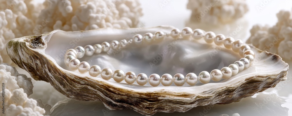 Elegant pearl necklace resting on an oyster shell with white background Elegant pearl necklace resting on an oyster shell with white background