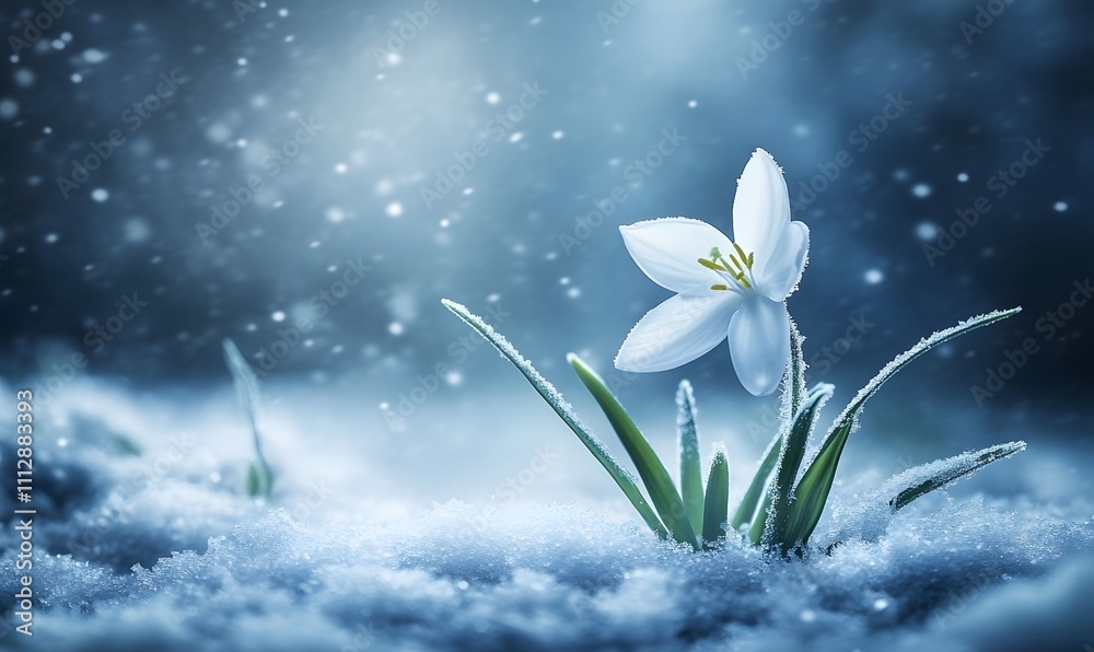 A single white flower emerges from snow in a winter wonderland, illuminated by soft light, surrounded by delicate snowflakes. A single white flower emerges from snow in a winter wonderland, illuminated by soft light, surrounded by delicate snowflakes.