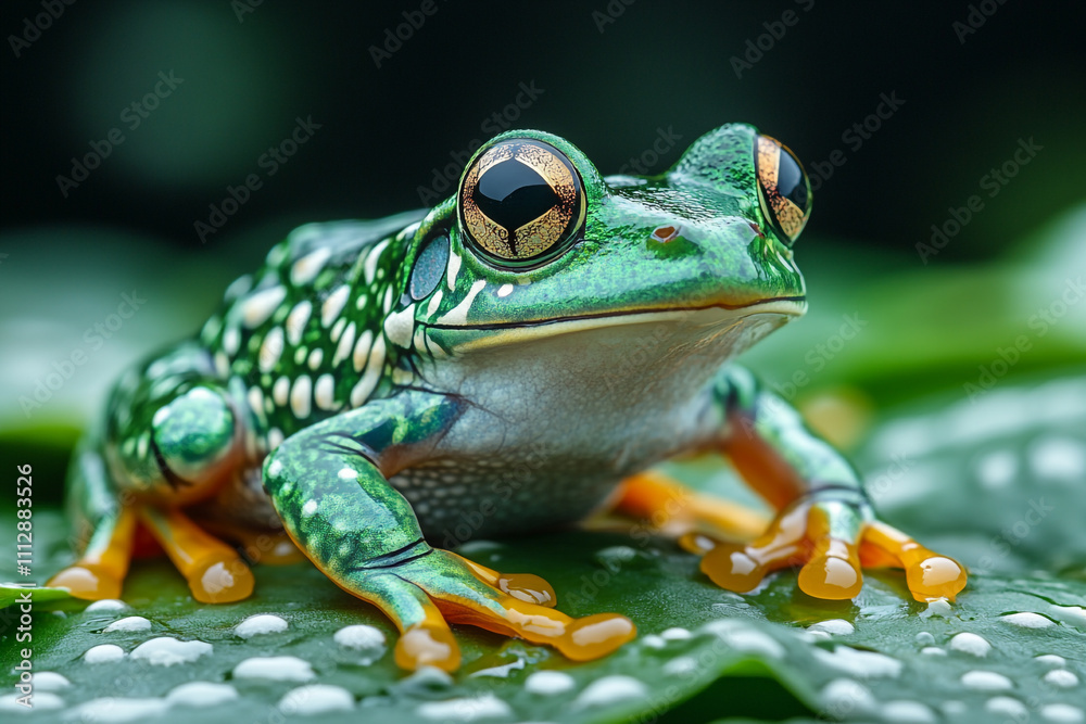 Fototapeta premium A Vibrant Green Frog Rests On A Dew Covered Leaf