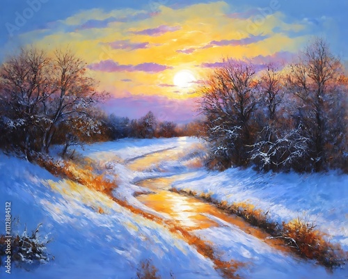 Beautiful winter landscape with river and sky, sunset (or sunrise). Creator Artist Nadia Russ