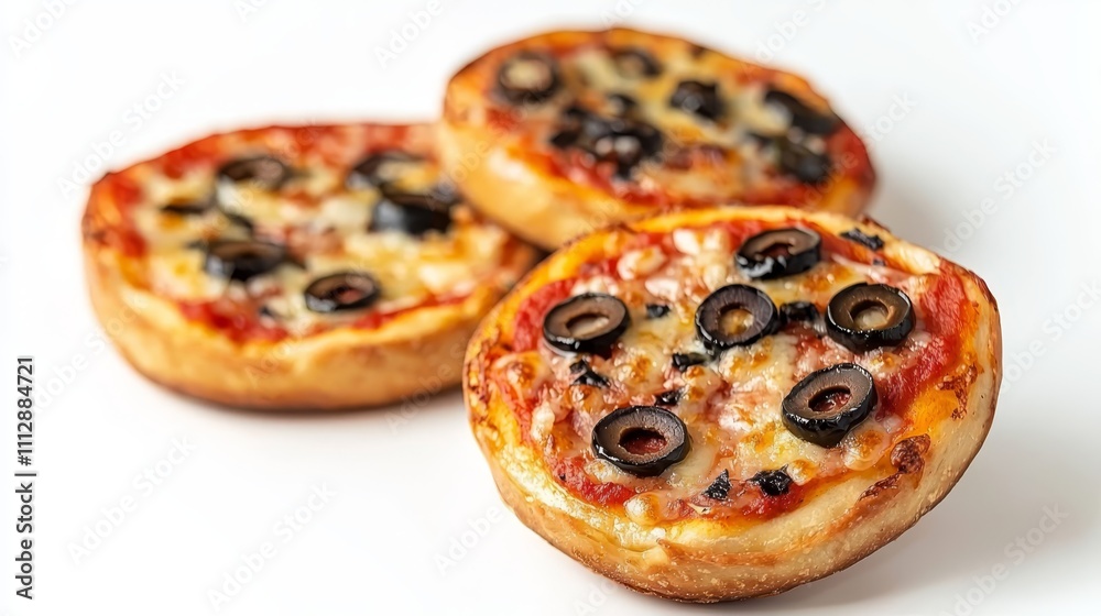 Three small pizzas with olives on top of them on a white surface Three small pizzas with olives on top of them on a white surface