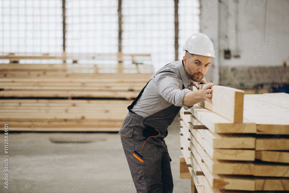 Carpenter checking wooden planks in workshop for modular building Carpenter checking wooden planks in workshop for modular building