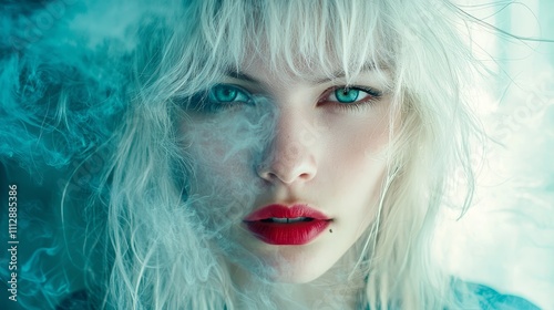 A woman with white hair and blue eyes with smoke coming out of her face