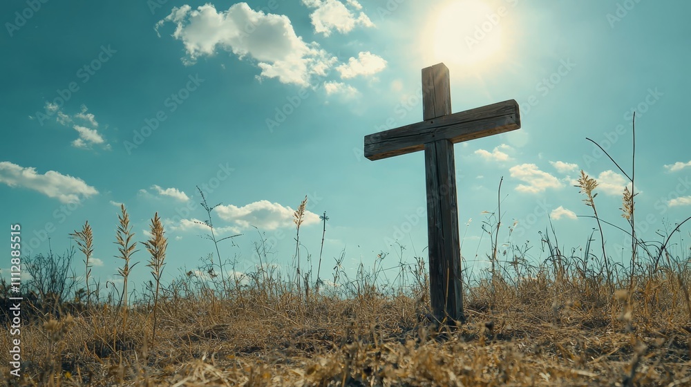 A wooden cross in the middle of a grassy field