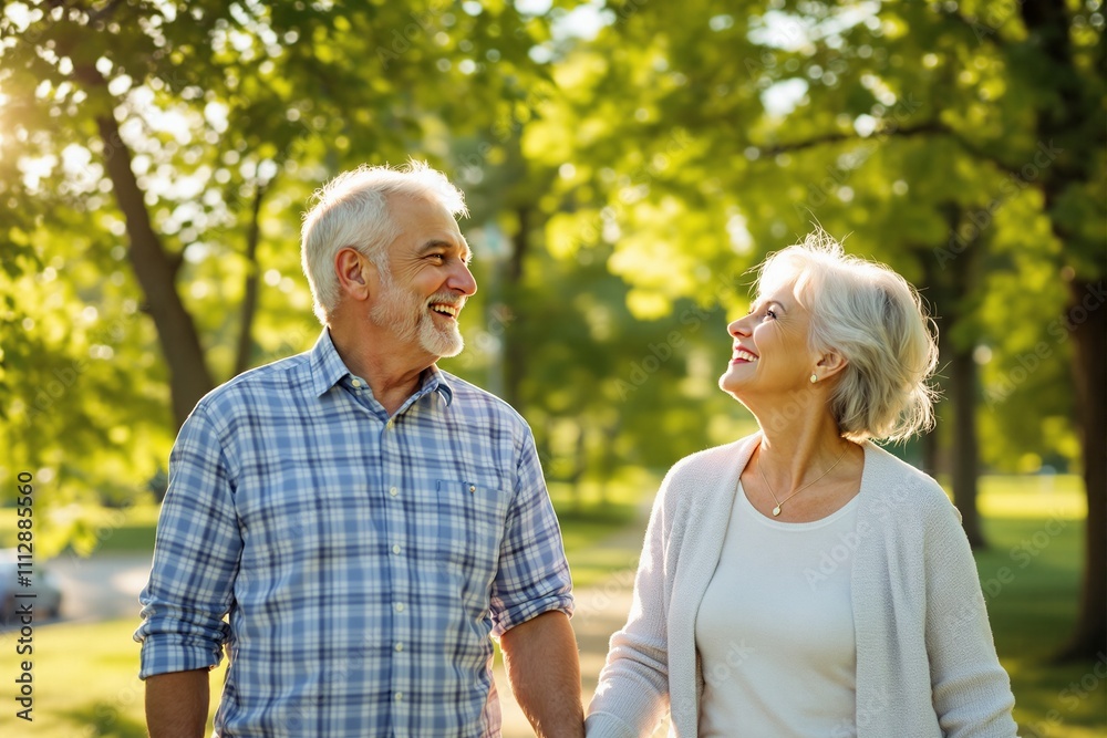 Joyful Senior Couple Walking Hand in Hand in a Sunlit Park Joyful Senior Couple Walking Hand in Hand in a Sunlit Park
