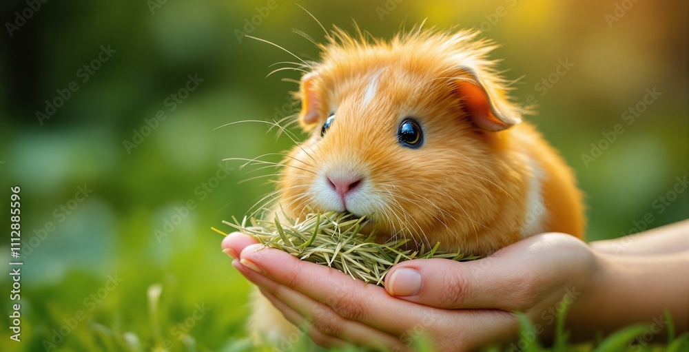 Adorable Guinea Pig Being Fed Fresh Hay in a Lush Green Environment Adorable Guinea Pig Being Fed Fresh Hay in a Lush Green Environment