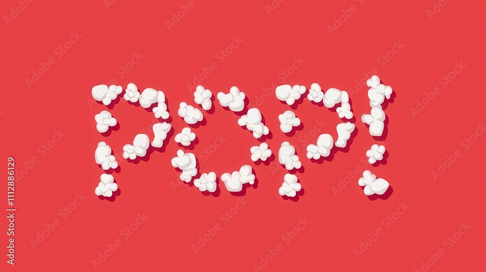 POP! Text Formed from Popcorn Kernels on Red and Gray Background POP! Text Formed from Popcorn Kernels on Red and Gray Background