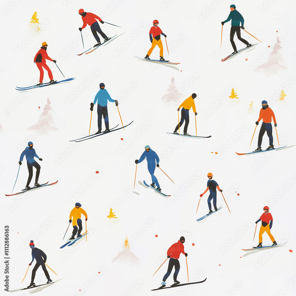 Winter sport seamless pattern. Skiers between trees on mountain covered in snow. Winter sport seamless pattern. Skiers between trees on mountain covered in snow.