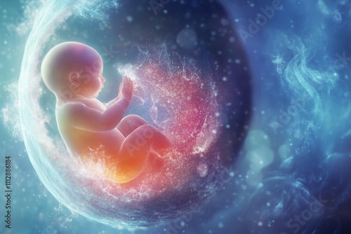 Little human baby inside mother womb. Small embryo in uterus. Cute unborn child sleep in belly. Childbirth medical science