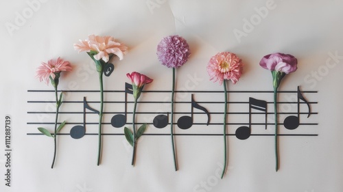 Flowers Arranged with Musical Notes on White Background