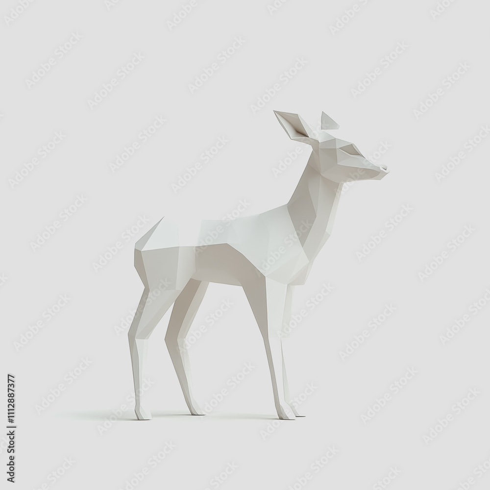 Obraz premium Abstract Polygonal White Deer Sculpture in Minimalist Style with Geometric Shapes and Clean Lines for Modern Art Decor