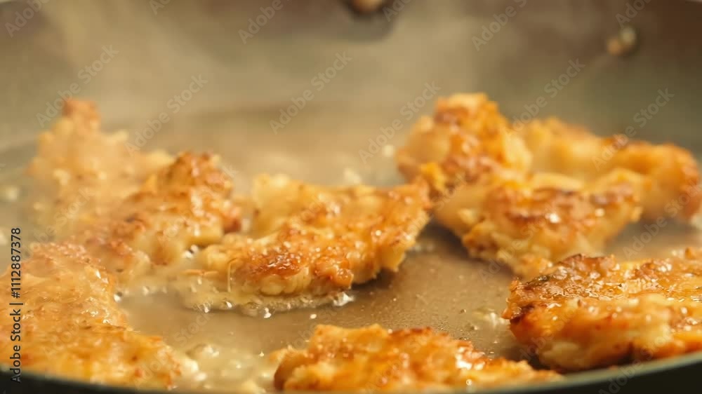 Delicious chicken pieces are frying in a skillet, creating a crispy texture while sizzling in hot oil. The golden-brown color indicates they are perfectly cooked for a tasty meal. Delicious chicken pieces are frying in a skillet, creating a crispy texture while sizzling in hot oil. The golden-brown color indicates they are perfectly cooked for a tasty meal.