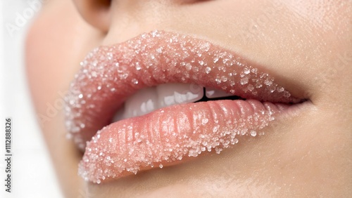 Close-up of lips with sugar scrub crystals for exfoliation