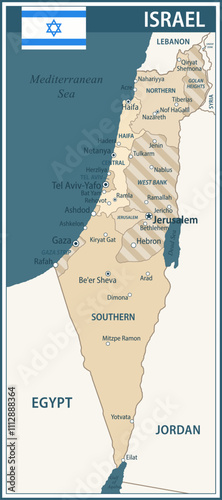 Israel Map Vector Vintage Dark Blue Beige - Customizable layered political map of Israel with administrative divisions for website, education, reports, news, politics, print, poster and wallpaper