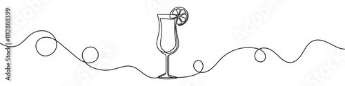Minimalist vector illustration of a cocktail glass with a slice of lemon, created using a continuous line