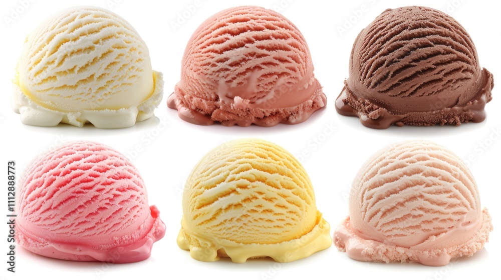 Obraz premium Ice Cream Scoops Isolated. Six Varieties of Sweet, Cold Desserts