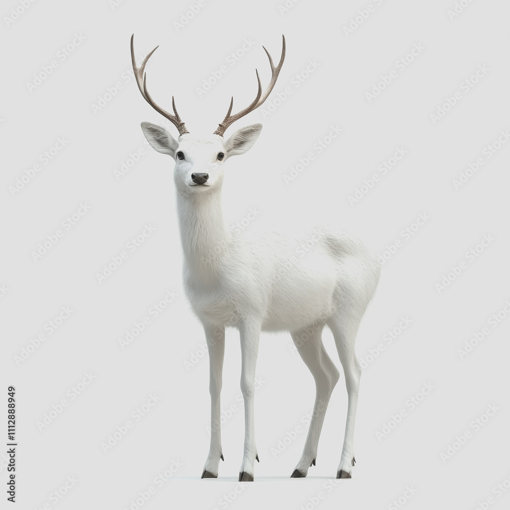 Majestic white deer standing gracefully in a neutral background, showcasing delicate features and impressive antlers, symbolizing purity and nature's beauty Majestic white deer standing gracefully in a neutral background, showcasing delicate features and impressive antlers, symbolizing purity and nature's beauty