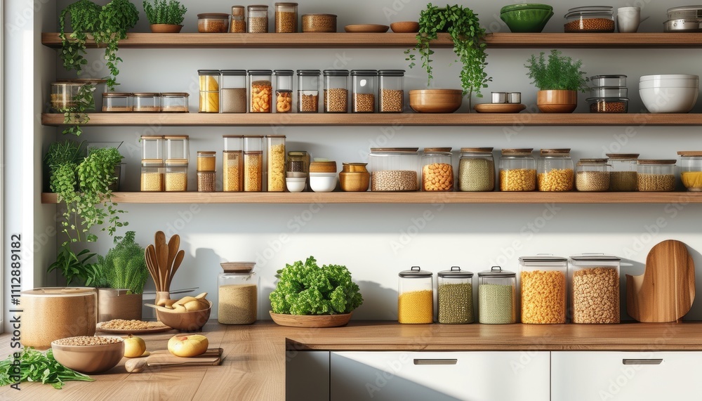 Cozy kitchen interior with wooden shelves filled with jars and greenery for home organization design Cozy kitchen interior with wooden shelves filled with jars and greenery for home organization design