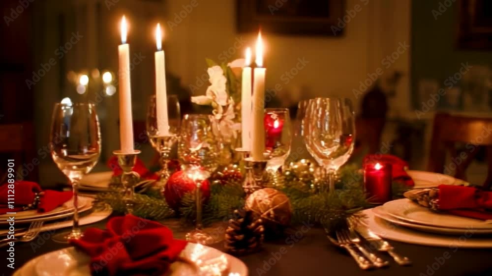 Beautiful table setting with burning candels for Christmas party or New Year celebration,4K 