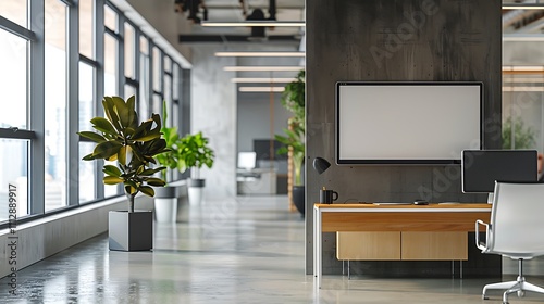 A modern office space with a large monitor showing a clean, corporate banner template