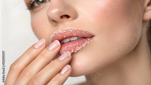 Woman applying lip scrub for soft and smooth lips against white background