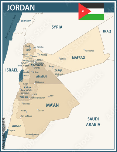 Jordan Map Vector Vintage Dark Blue Beige - Customizable layered political map of Jordan with administrative divisions for website, education, reports, news, politics, print, poster and wallpaper