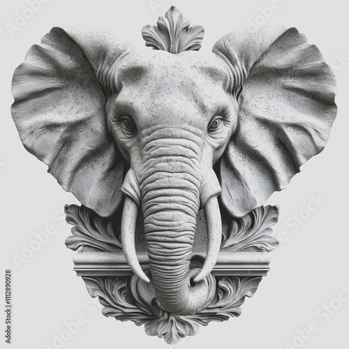 Artistic Wall Sculpture of Elephant Head in Detailed Relief with Floral Decorative Elements, Ideal for Modern and Vintage Home Decor Accents photo