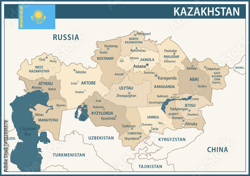 Kazakhstan Map Vector Vintage Dark Blue Beige - Customizable layered political map of Kazakhstan with administrative divisions for website, education, reports, news, politics, print, poster