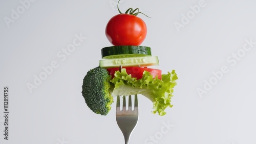 High-Angle Shot of Fork Holding Stacked Fresh Vegetables in Vibrant Colors