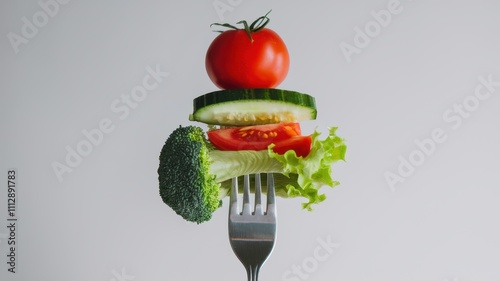 Close-Up of Fork Holding Fresh Vegetables Against Neutral Background