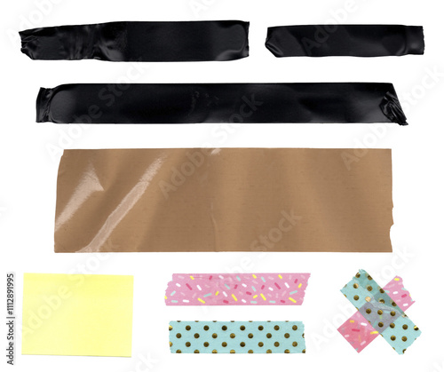 Diverse collection of adhesive tapes arranged on white background: black electrical, brown for packacking, a yellow paper post-it, some colorful decorative craft pieces.
