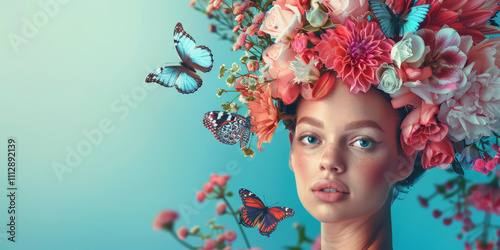 young woman with a wreath of flowers on her head Generative AI