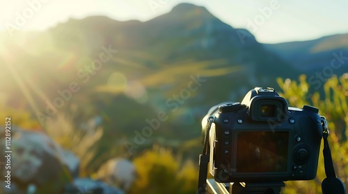 A photography banner template with a close-up of a DSLR camera capturing a stunning landscape photo