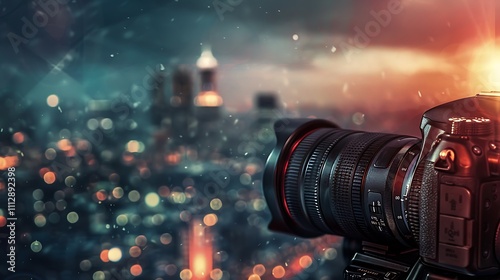 A photography banner template capturing a close-up of a camera capturing a dramatic cityscape photo