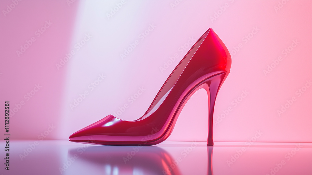 Stylish red stiletto heels on a glossy light surface with, a gradient background from soft pink to white. Stylish red stiletto heels on a glossy light surface with, a gradient background from soft pink to white.