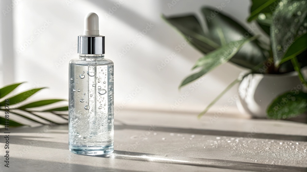 Close-up of a glass bottle with hydrating serum on a wet surface Close-up of a glass bottle with hydrating serum on a wet surface
