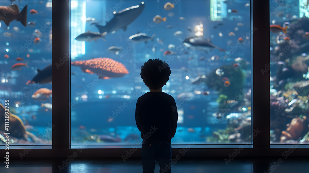 Fototapeta premium Boy Facing a Large Aquarium Full of Colourful Fish, Captivated by the Underwater World in a Peaceful and Mesmerising Setting