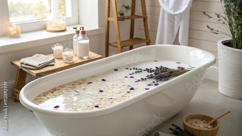 Luxury bathtub with an oatmeal bath and candles around