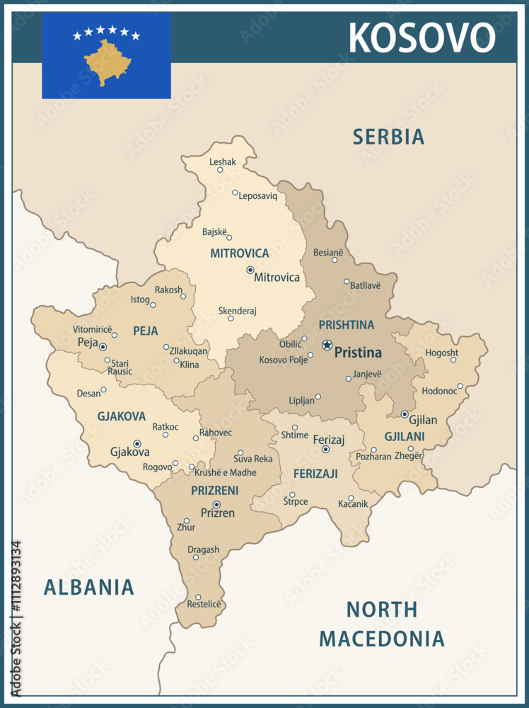 Obraz premium Kosovo Map Vector Vintage Dark Blue Beige - Customizable layered political map of Kosovo with administrative divisions for website, education, reports, news, politics, print, poster and wallpaper